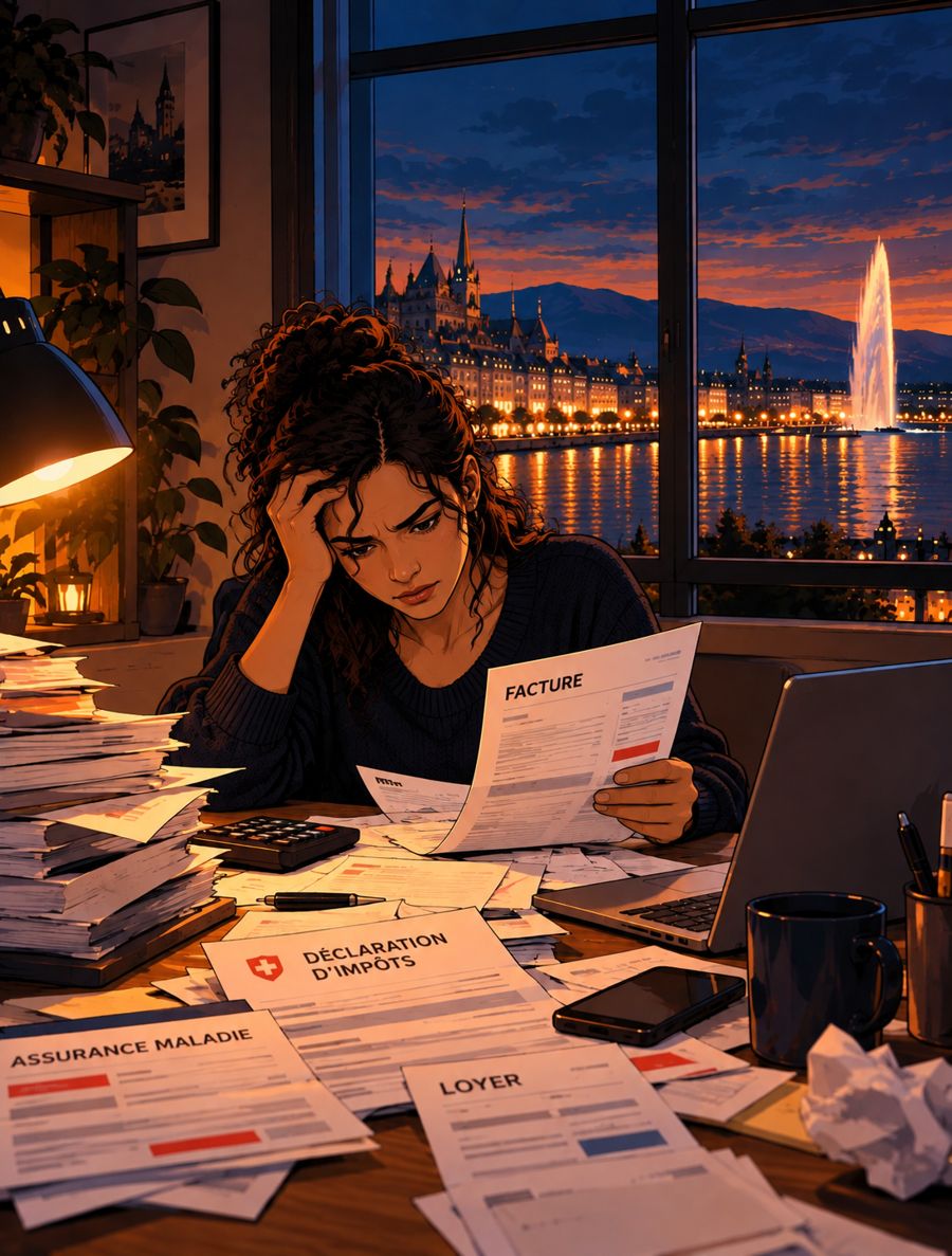 Illustration : une femme dépassée par ses factures, son assurance maladie, sa déclaration d'impôts et son loyer, le soir à Genève